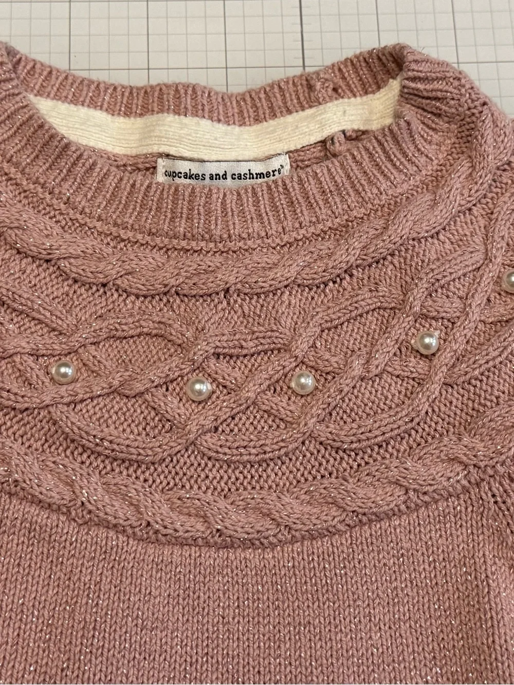 cupcakes & cashmere Girl’s Blush Cable-Knit Pearl-Accent Crewneck Sweater Dress